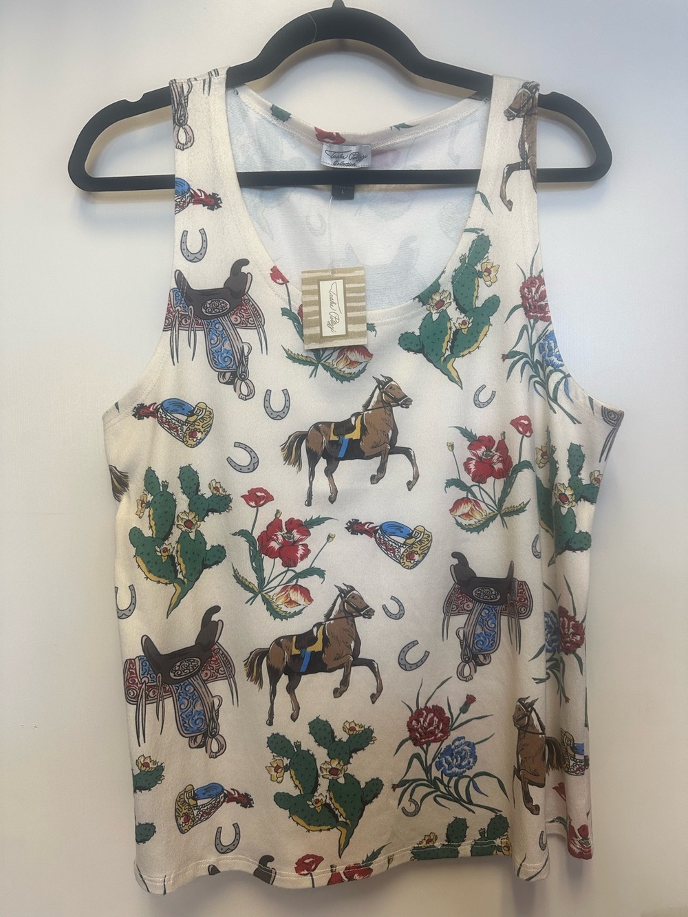 Tasha Polizzi White Western Print Tank with Horses & Cactus